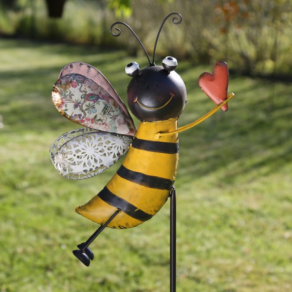 Gartenstecker Fröhliches Bienchen mit Herz - Beetstecker - Gartendeko - H: 115cm - für Außen