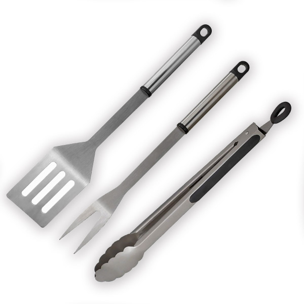 Grillbesteck Set - 3teilig - Wender, Gabel, Zange - Edelstahl