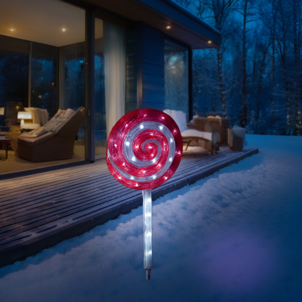 LED Lolli - Acryl Weihnachtsdeko - 60 kaltweiße LED - H: 70cm - Timer - mit Trafo - für Außen