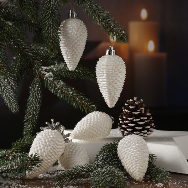 Christbaumschmuck ZAPFEN - Weihnachtsbaumschmuck - bruchfest - glitzernd - H: 8cm - weiß - 6er Set