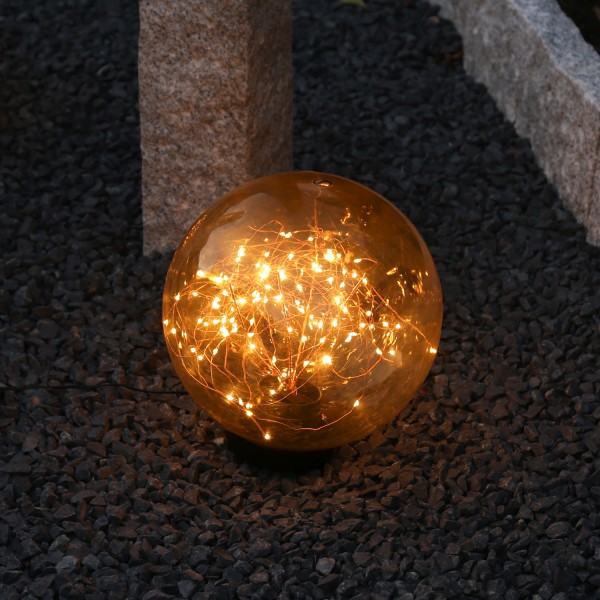 LED Kugel mit Drahtlichterkette - stehend - 80 bernsteinfarbene LED - D: 20cm - f. Außen - amber