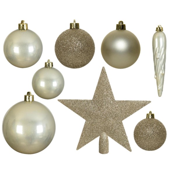 Christbaumkugeln - Weihnachtsbaumkugeln mit Stern Baumspitze - bruchfest - creme - 33er Set