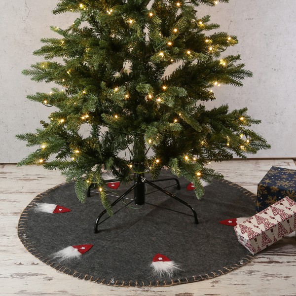 Weihnachtsbaumdecke - Wichtel mit roter Mütze - Filz - D: 98cm - rund - grau