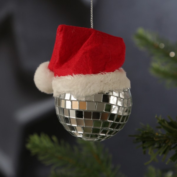 Weihnachtsbaumschmuck DISCOKUGEL mit Nikolausmütze - H: 7cm - silber