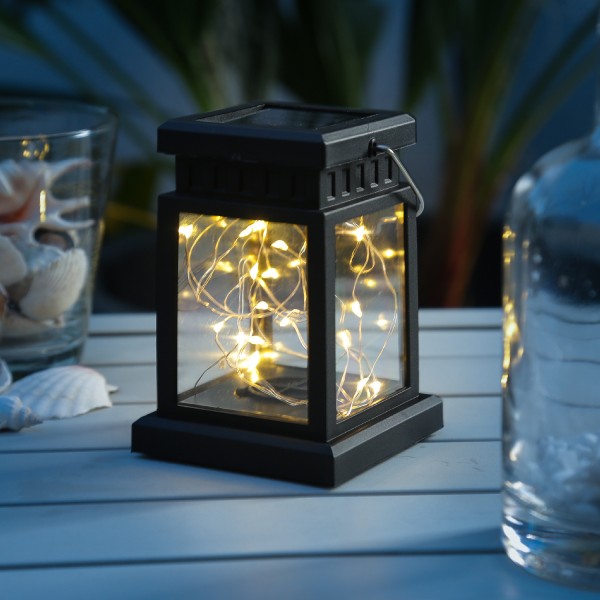 LED Solar Mini Laterne - 20 warmweiße LED - Dämmerungssensor - H: 12,5cm - schwarz