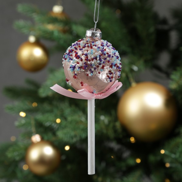 Weihnachtsbaumschmuck Lolli - mit Perlen verziert - Glas - Christbaumschmuck - H: 16cm - rosa