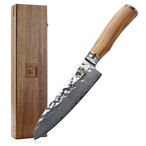 ZAYIKO Damastmesser "OLIVE Santokumesser" - 17,5cm Klinge - Griff: Olivenholz - VG-10 Stahlkern