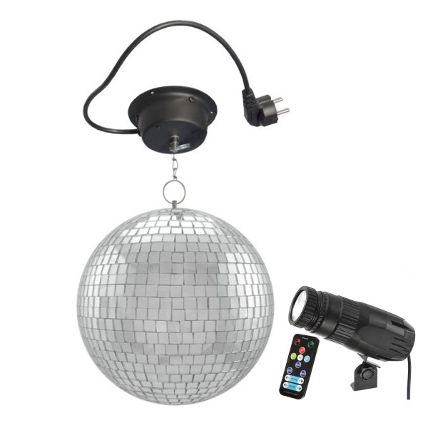 Spiegelkugel Komplettset 20cm mit Motor, LED Farbwechsel Pinspot (RGB) und Montagematerial PROFI