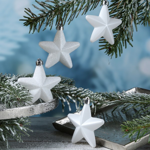 Christbaumschmuck STERN - Weihnachtsbaumschmuck - bruchfest - H: 7,5cm - weiß - 6er Set