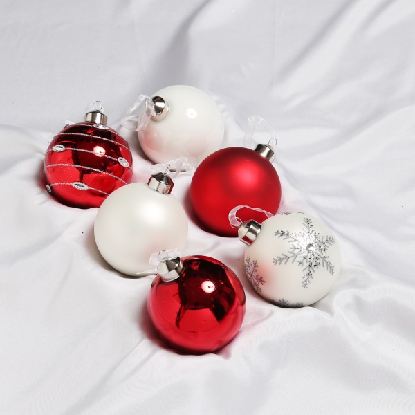 Christbaumkugel - Weihnachtsbaumkugel - Glas - D: 8cm - glänzend und matt - rot, weiß - 6er Set