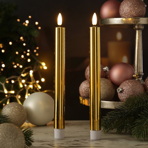 LED Stabkerzen - Tafelkerzen aus Kunststoff - H: 25cm - Timer - gold glänzend - 2er Set