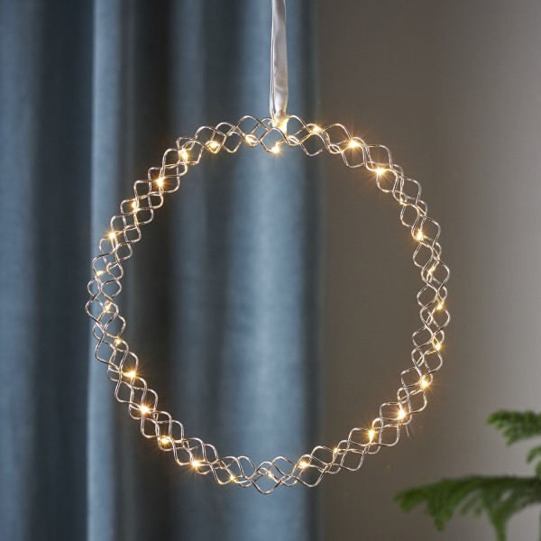 LED Lichtkranz Hoop - 30 warmweiße LED - D: 30cm - Metall - Batteriebetrieb - Timer - silber