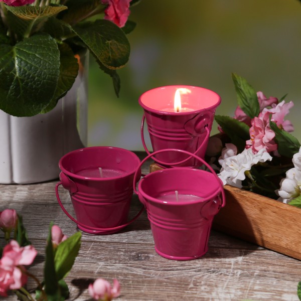 Duftkerzen CITRONELLA - Outdoor Kerzen im Metalleimer - H: 5,5cm - pink - 3er Set