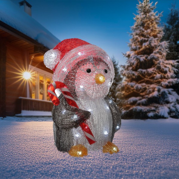 LED Pinguin mit Zuckerstange - Acrylfigur - 32 kaltweiße LED - H: 24cm - Timer - Batteriebetrieb