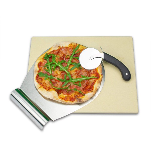 RADOLEO® Pizzastein L aus Cordierit | Premium Set für Back-Ofen und Grill | 38x30x1,3cm | inkl. Pizzaroller u. Pizzaschieber