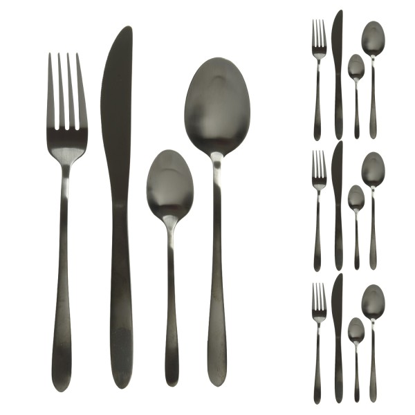 Besteck Set BRIT - Edelstahl - 16-teilig - je 4x Messer, Gabel, Löffel, Teelöffel - schwarz matt